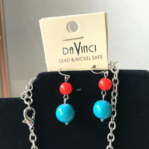 Southwestern Medallion Necklace Earrings Set Pendant Turquoise Beads Silver Tone - Picture 6 of 12